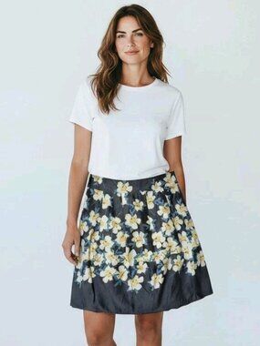 Floral Knee Length A-Line Skirt Gray Yellow Cotton Women's Size 12